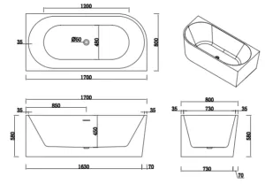 BORA R Ванна акриловая пристенная 1700*800*580, правая, белый