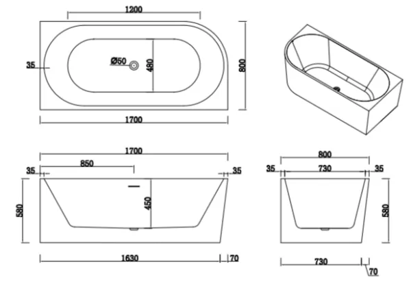 BORA R Ванна акриловая пристенная 1700*800*580, правая, белый