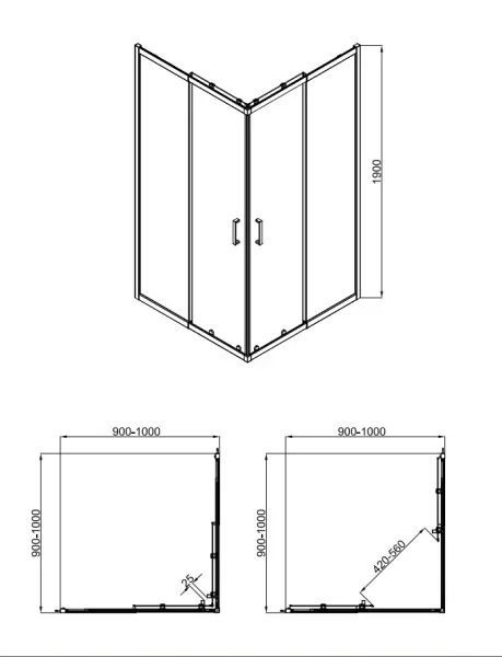 Душевое ограждениe Kerald 900-1000*900-1000*1900 хром,6мм прозрач.стекло,профиль алюм.телескоп.уменьшение на 10 см (1 место)