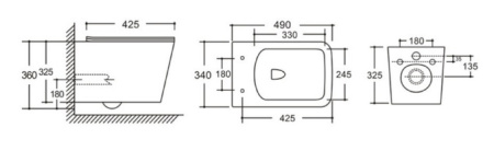 Унитаз подвесной Kerald GRACE безободковый, 490*340*360 мм,сиденье дюропласт,микролифт, (soft close). 								 