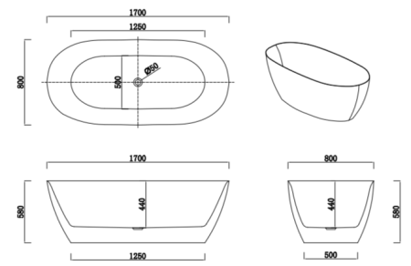 PAMPERO (Памперо) Ванна акриловая отдельностоящая 1700*800*580, слив-перелив хром, белый